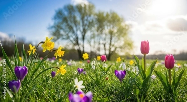 Fototapeta A vibrant meadow filled with daffodils, tulips, and crocuses under a clear blue sky with scattered clouds.