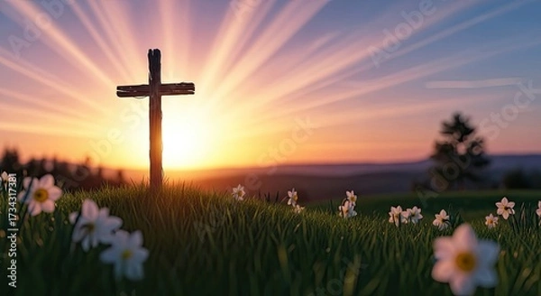 Fototapeta A wooden cross stands in a field of white flowers, with a sunset in the background.