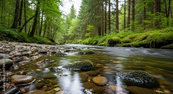 Fototapeta A serene forest stream with mossy rocks and lush greenery, flowing through a dense forest with tall trees and green foliage.