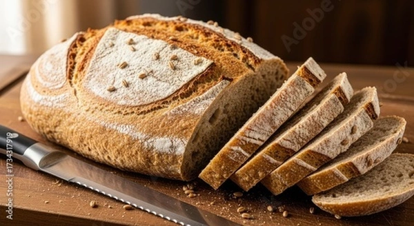 Fototapeta A loaf of sliced bread with a pattern on top, placed on a wooden cutting board with a knife.