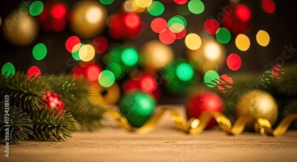 Fototapeta Christmas tree with ornaments and lights in the background.