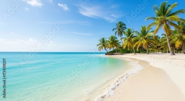 Fototapeta A serene tropical beach with white sand, turquoise water, and palm trees under a clear blue sky.