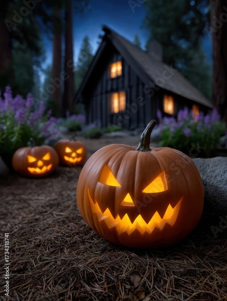 Fototapeta Halloween Glowing jack o lanterns on forest ground near abandoned cabin at night, creating spooky atmosphere