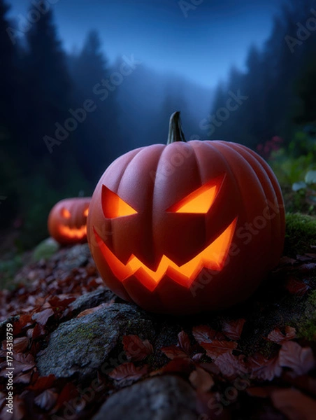 Fototapeta Halloween Glowing jack o lanterns on forest path surrounded by autumn leaves and misty trees, creating spooky atmosphere