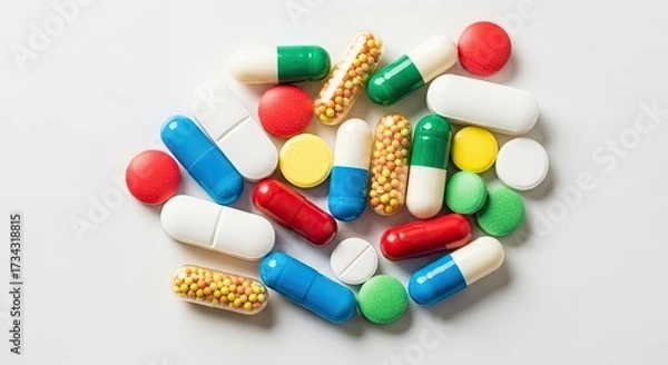 Fototapeta A pile of colorful pills and capsules on a white background.