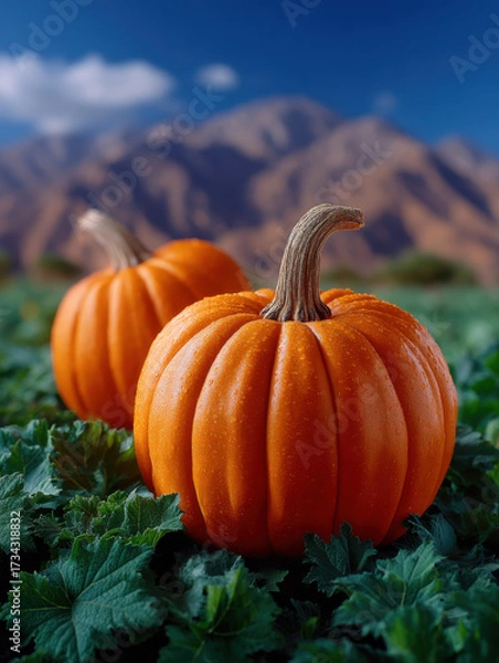 Fototapeta Pumpkins in lush green field with mountain backdrop under clear blue sky, evoking serene autumn atmosphere