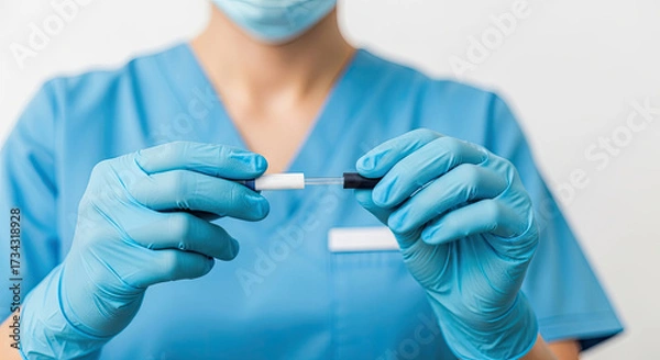 Fototapeta A healthcare professional in blue scrubs and mask holding a test tube with a sample.