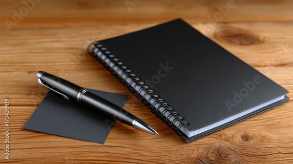 Fototapeta Black spiral notebook with sleek pen and small black card on wooden desk, evoking professional and minimalist vibe
