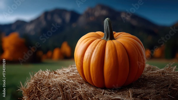Fototapeta Pumpkin rests on hay bale in scenic clearing with autumn trees and mountains in background