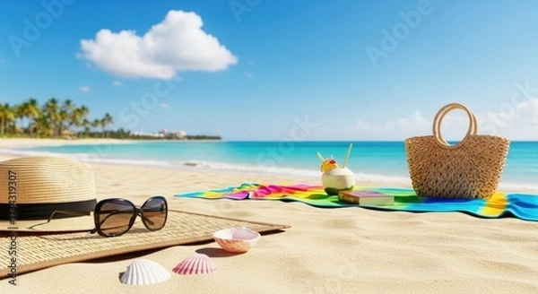 Fototapeta A straw hat, sunglasses, and beach towel on a sandy beach with a colorful towel and a coconut drink.
