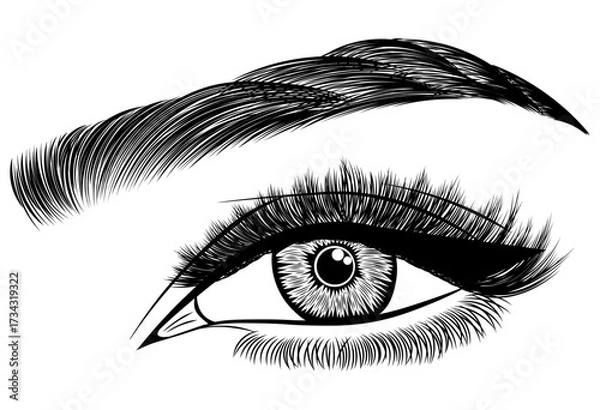 Fototapeta Illustration with woman's eye, eyelashes and eyebrow. Makeup Look. Tattoo design. Logo for brow bar or lash salon.