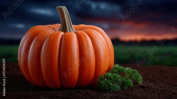 Fototapeta Orange pumpkin rests on rich soil with sprig of parsley, set against dramatic sunset sky over field