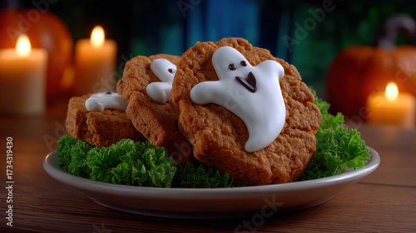 Fototapeta Halloween themed cookies shaped like ghosts with white icing, placed plate with green garnish, surrounded by candles