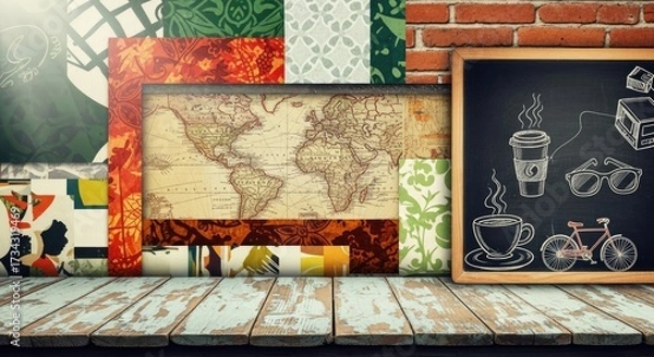 Fototapeta A wooden table with a chalkboard and a framed map of the world.