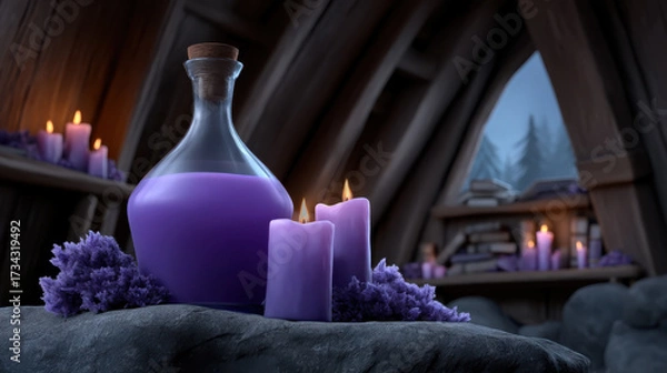 Fototapeta Glowing purple potion bottle and candles on stone surface in cozy wooden room with books and shelves in background