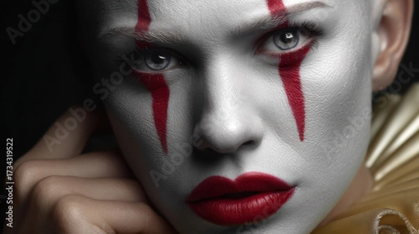 Fototapeta Close up of person with white face paint, red makeup details resembling clown, and bold red lips, evoking spooky and intense