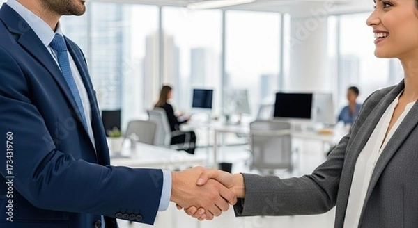 Fototapeta Two business professionals shaking hands in an office setting.