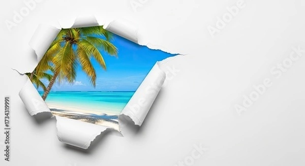 Fototapeta A tropical beach scene with a palm tree and turquoise water.