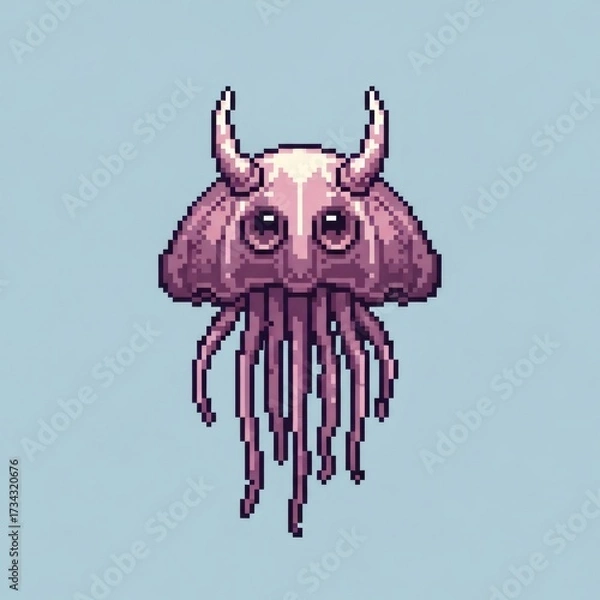 Fototapeta 角のある紫色のクラゲのピクセル アート水色背景