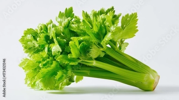 Fototapeta Fresh green celery stalks with leafy tops arranged on clean white background showing crisp texture and natural details