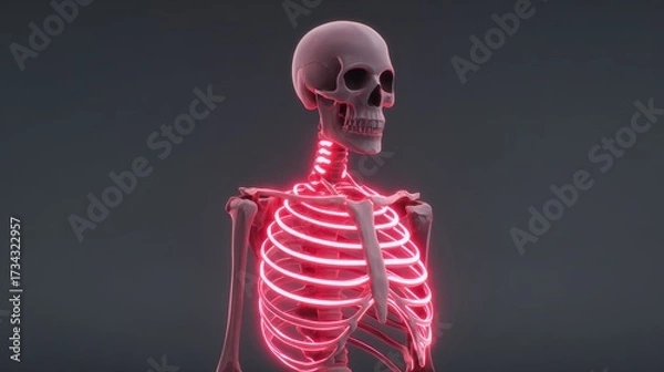 Fototapeta Realistic 3D Model of Human Skeleton Displaying Vital Organs with Neon Light Effects in a Dark Background