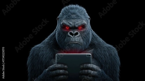 Fototapeta Intense Gorilla with Red Eyes Holding a Tablet Against a Black Background