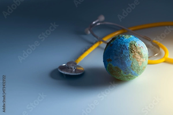 Fototapeta Stethoscope wrapped around globe on blue background. Save the wold, Global healthcare and Green Earth day concept.