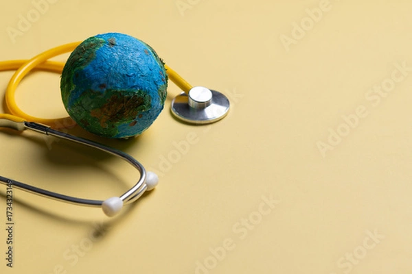 Fototapeta Stethoscope wrapped around globe on yellow background. Save the wold, Global healthcare and Green Earth day concept.