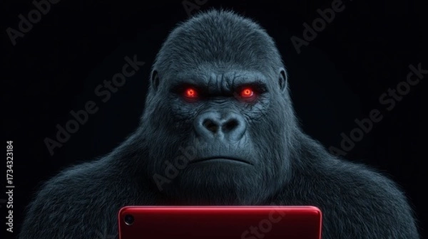 Fototapeta Intense Gorilla Staring at Tablet with Red Eyes in Dark Background, Dramatic Digital Art Representation