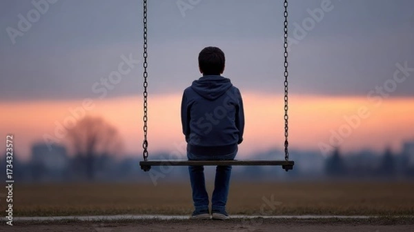 Fototapeta Child on Swing at Dusk Contemplating Life with Beautiful Sunset in a Calm and Serene Landscape Setting