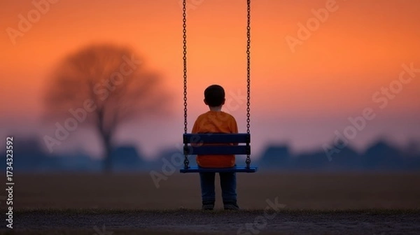 Fototapeta A Child on a Swing at Sunset with a Silhouette Tree in the Background of an Open Field