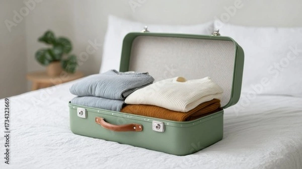 Fototapeta Neatly Packed Suitcase on Bed Featuring Cozy Sweaters in Soft Colors Ready for Travel or Weekend Getaway