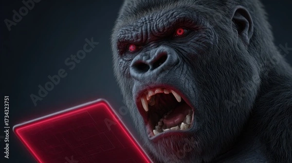 Fototapeta Fierce Gorilla with Glowing Red Eyes Holding a Futuristic Device in a Dark Environment