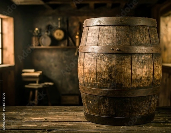 Obraz Wooden barrel on a rustic table in a dimly lit room