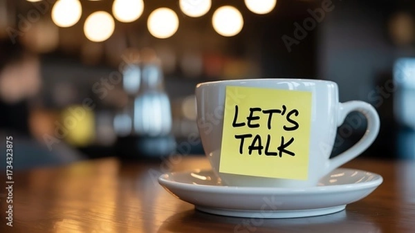 Obraz A white coffee cup with a bright yellow sticky note that says lets talk attached to it set on a saucer with a blurred background of warm lights