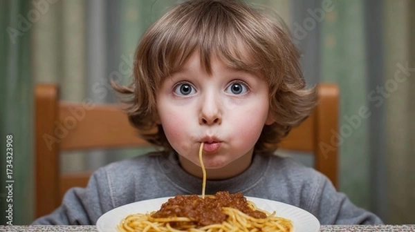 Fototapeta Child Enjoying Spaghetti with Meat Sauce, Captivated by Delicious Food, Excited Expression, Close-up Portrait, Dining Moment