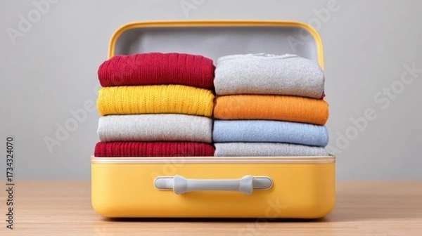 Fototapeta Neatly Folded Colorful Clothes in Yellow Suitcase on Wooden Surface