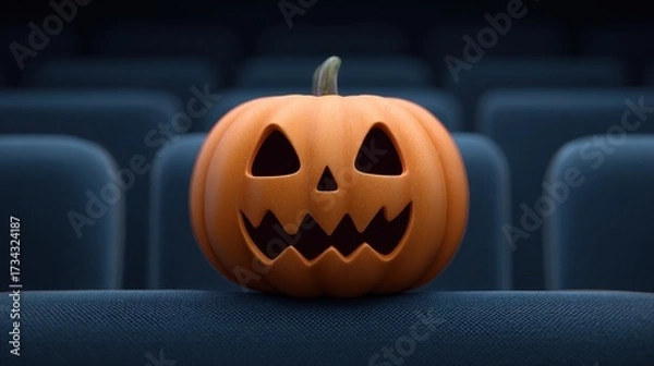 Fototapeta Spooky Halloween Pumpkin with a Grinning Face Resting on a Blue Theater Seat in a Darkened Environment