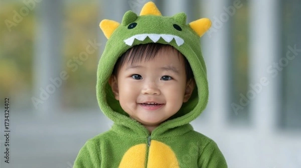 Fototapeta Adorable young child in dinosaur costume smiling cheerfully outdoors in bright colorful setting with greenery in background
