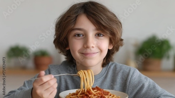 Fototapeta Happy boy enjoying plate of spaghetti with tomato sauce in modern kitchen environment, full of joy and excitement for mealtime