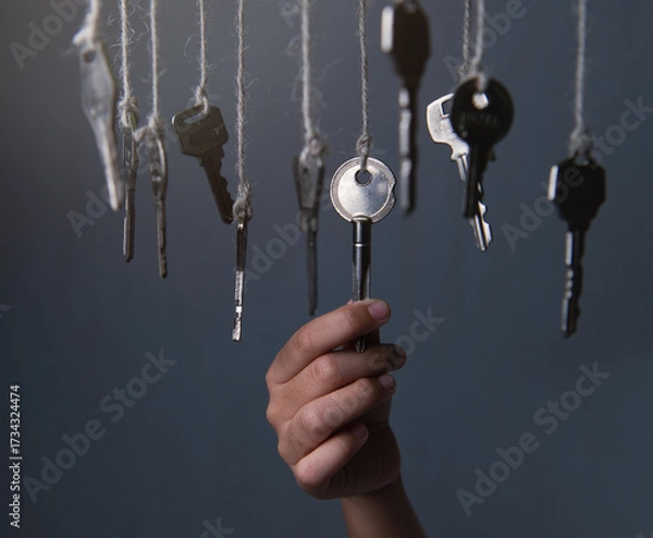 Fototapeta Hand Selecting the Right Key from Many Hanging on Strings: Solution and Choice Concept