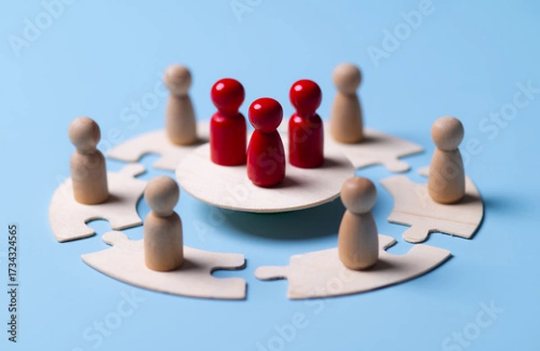 Fototapeta Red Leader Pawn Surrounded by Team on Puzzle Piece Ring: Unity and Leadership Concept
