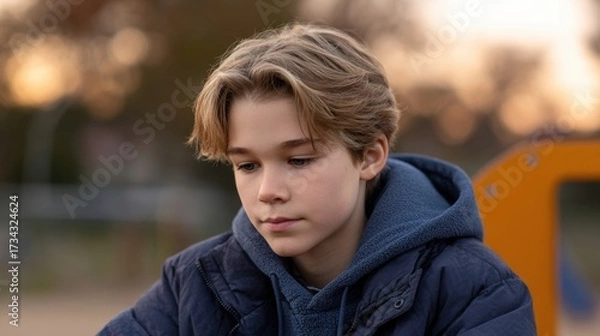 Fototapeta Thoughtful boy sitting on a playground during golden hour, capturing emotions and introspection in a serene outdoor setting