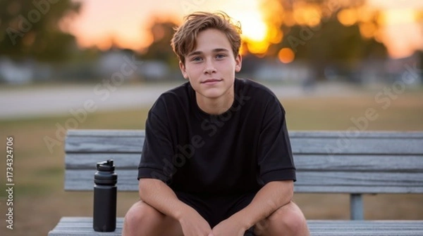 Fototapeta Young Athlete Sitting on Bench at Sunset with Water Bottle in Background in a Park Setting