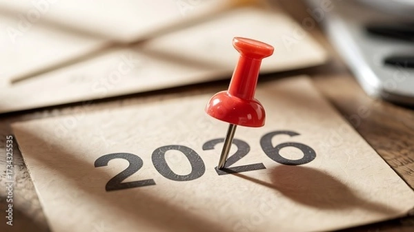 Obraz Red thumbtack marking the year 2026 on a piece of paper symbolizing future planning and goals