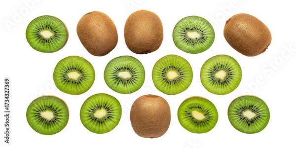 Obraz Top View of Fresh Whole and Sliced Kiwifruits on Transparent Background
Symmetrical Arrangement of Brown Whole Kiwis and Green Sliced Kiwis Isolated