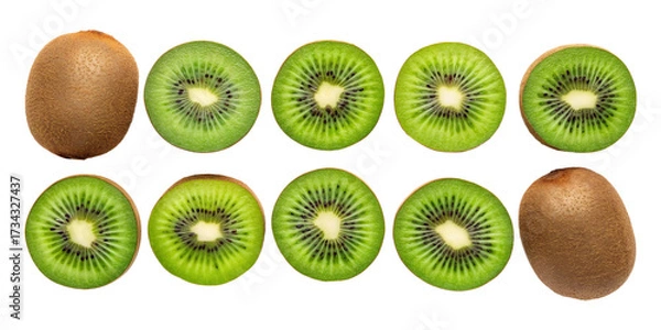 Fototapeta Top View of Fresh Whole and Sliced Kiwifruits on Transparent Background
Symmetrical Arrangement of Brown Whole Kiwis and Green Sliced Kiwis Isolated