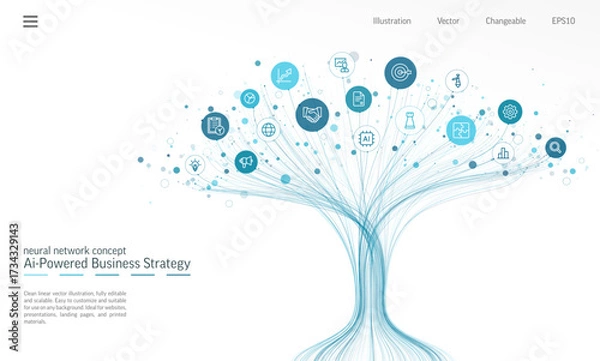 Fototapeta Linear vector illustration, abstract AI powered growth tree with business strategy icons. Digital technology, Neural network background. Planning and management concept. Vector infographic design