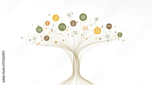 Fototapeta Linear vector illustration, abstract AI powered growth tree with education and knowledge icons. Digital technology, neural network background. School, University, business, science infograph concept.
