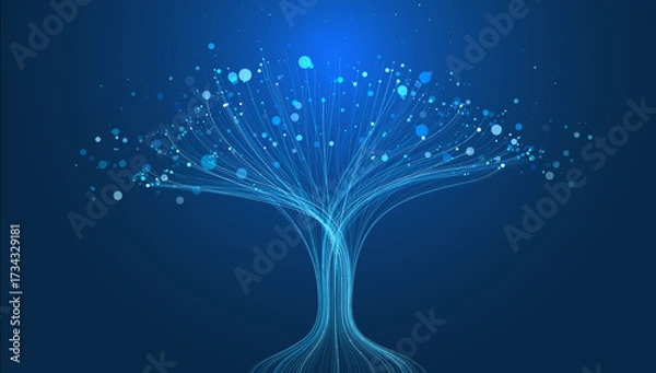 Fototapeta Futuristic growth tree, line and dot connections. Neural network, circuit flow background. Digital technology, big data science concept. Abstract vector for analysis system, modern business, ai design